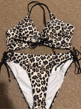 Solastara Leopard Print Tie-Detail Bikini Set - Black & Cream